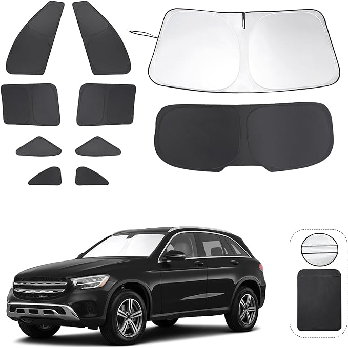 10PCS Windshield Sun Shade Custom Fit for 2016-2022 Mercedes-Benz GLC Accessories Foldable Sunshade Side Rear Window Shade Cover Full Set Privacy Protection Keeps Car Cool