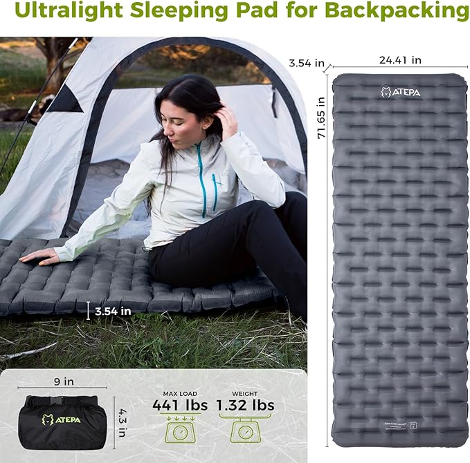 ATEPA ThermAir Backpacking Inflatable Sleeping Pad, 5 R-Value Insulated Ultralight Portable Sleeping Pad Thick Camping Mat with Pump Sack for Camping Backpacking Tent, Wide Long Size 71.65"x24.41"