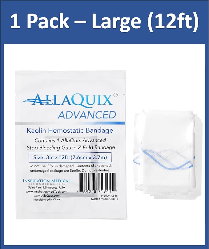 Advanced Kaolin Hemostatic Gauze – Z-Fold Sterile Clotting Bandage (3" x 12 ft, 1-Pack) | Stops Bleeding Fast for Emergency, Trauma, Tactical First Aid, Survival Kits, and IFAKs