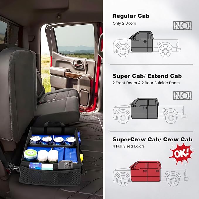 Under Seat Truck Organizer Storage Box with Removable Divider & 4 Storage Mesh Bag,Collapsible Trunk Organizer for Car, SUV, Truck, or Van(Full Size Trucks)