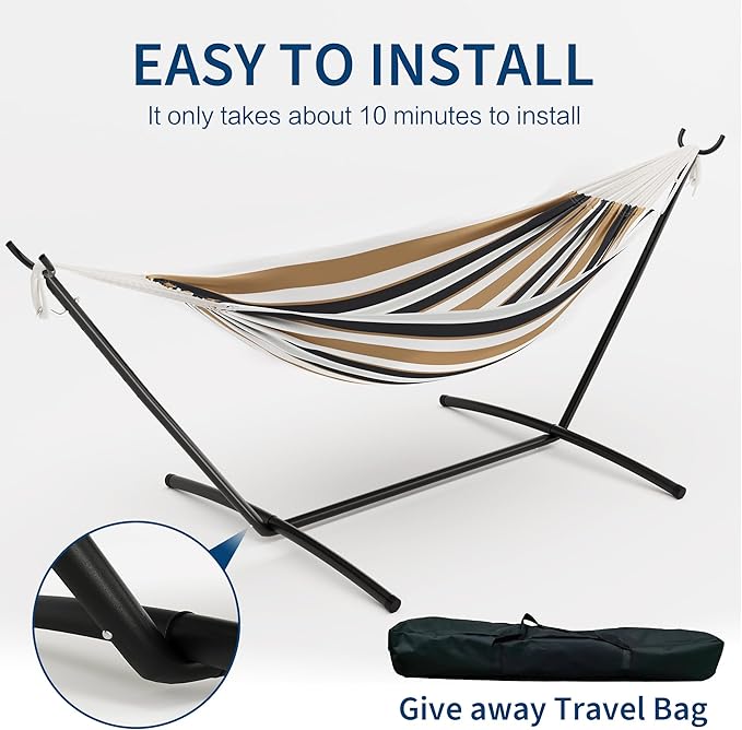 Double Hammock with Steel Stand - 2 Person Hammock Bed Indoor Outdoor, Brazilian-Style, with Carry Bag, 450lb Capacity, Portable & Easy Assembly, Coffee