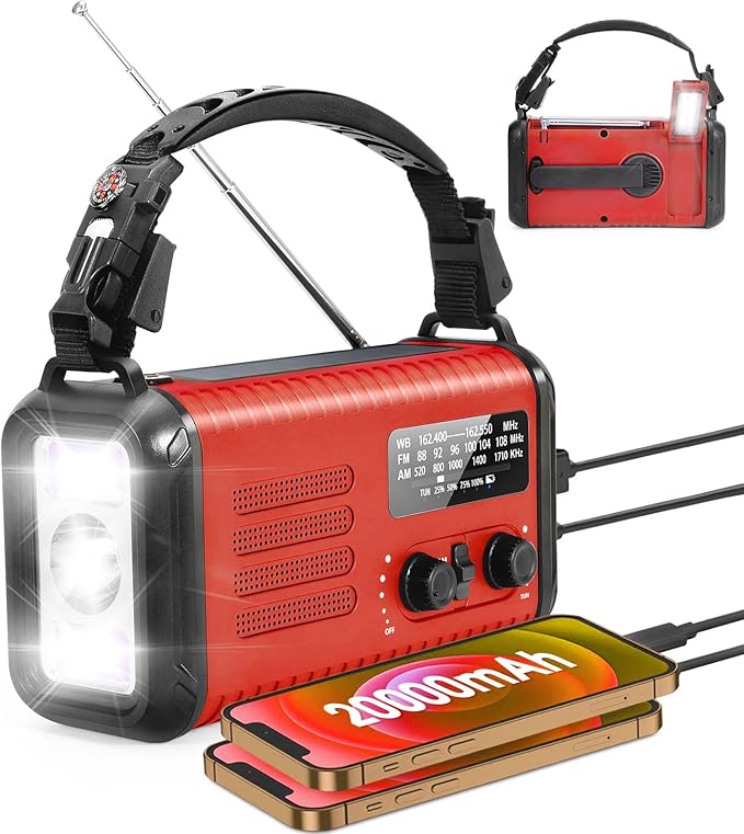 20000mAh Emergency Solar Radio with Hand Crank, NOAA Weather Radio & USB Charger - Portable Power Bank, LED Flashlight, SOS Alarm (red)