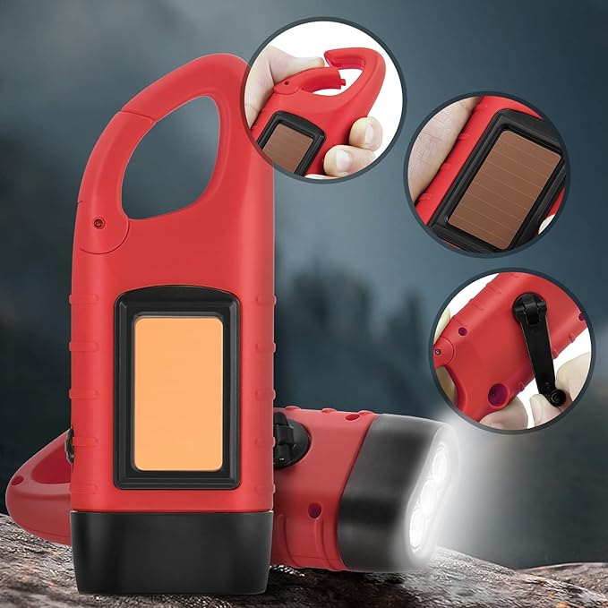 Simpeak 2-Pack Hand Crank Solar Powered LED Flashlight, Emergency Survival Flashlight with Dynamo Carbiner for Outdoor Sports, Red