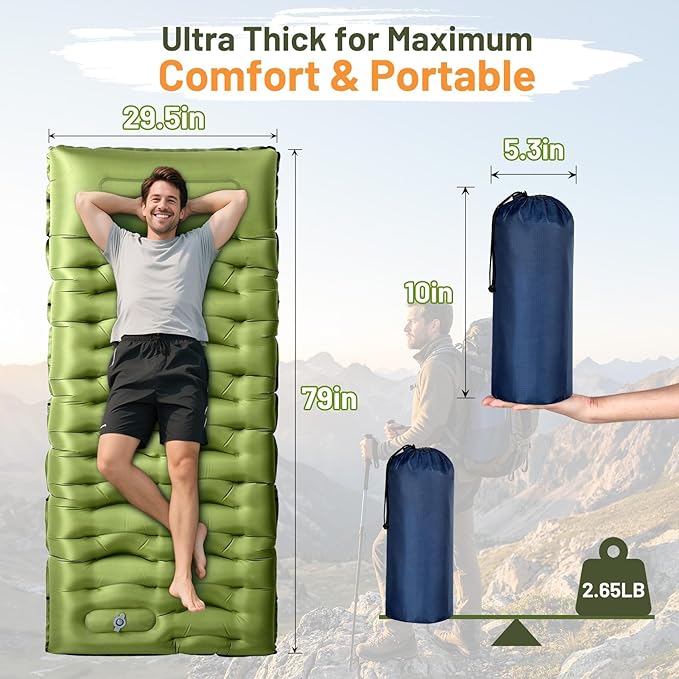 KASBAH Camping Sleeping Pad,Extra Wide 6 inch Thick Inflatable Sleeping Pads with Built-in Foot Pump and Pillow,Ultralight Camping Mat Gear for Outdoor Hiking,Camping