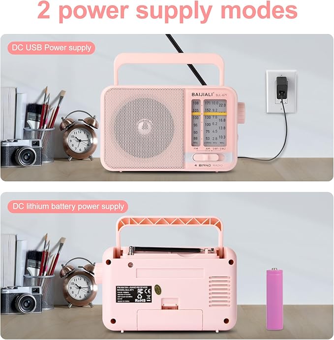 Portable AM/FM Transistor Radio with Loud Speaker, Battery or USB Powered - Compact Emergency Radio for Indoor, Outdoor, Travel & Storms (BJL-671, Pink)