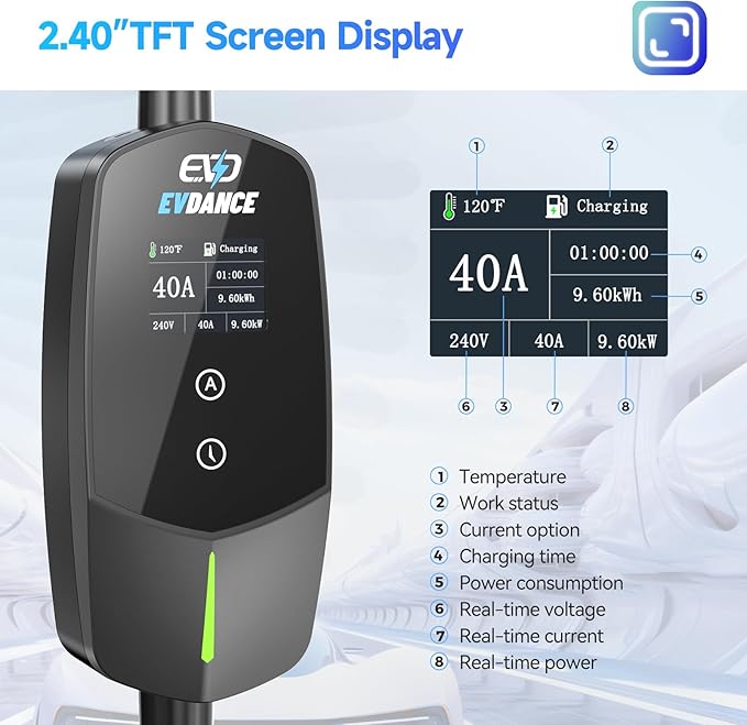 EVDANCE Level 2 EV Charger 40Amp, 240V 9.6KW Portable Electric Vehicle Charging Stations with NEMA 14-50P, 25FT Cable Adjustable Current/Timing Delay Home Electric Car Charger for J1772 BEVs/PHEVs