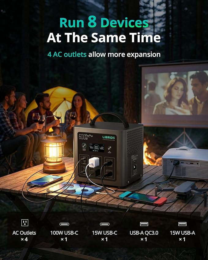 LIBRIDS Portable Power Station, 600W Solar Generator (1200W Surge), 640Wh LiFePO4 Battery, 1.5H Fast Charge, 10ms UPS, 8 Ports(4 AC) for Camping, Home Backup & Outages - Black