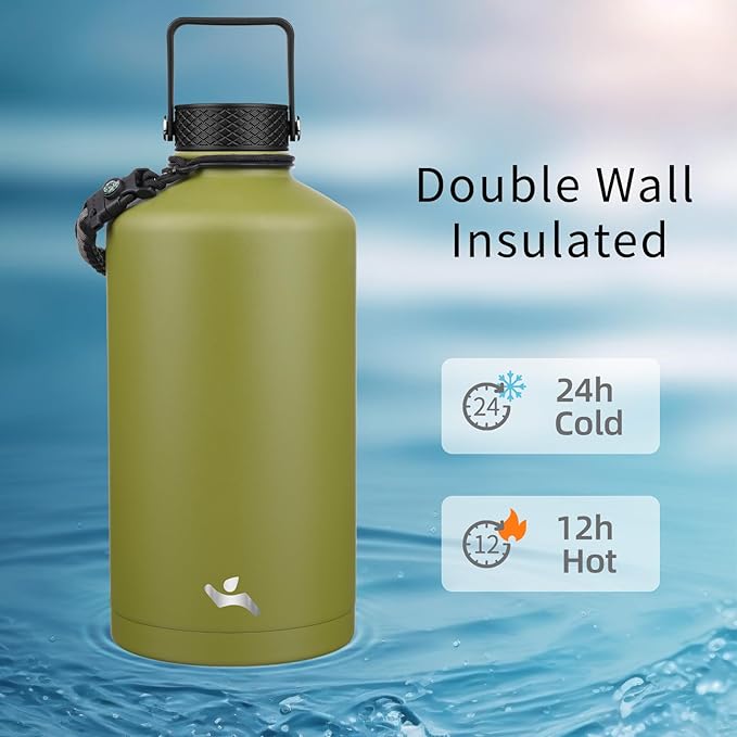 Konokyo Gallon Insulated Water Bottle with Straw,128 oz 3 Lids Water Jug with Carrying Bag,Paracord Handle, Double Wall Vacuum Stainless Steel Metal Flask,Forest Green