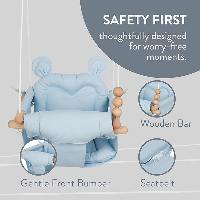 Monkey & Mouse Baby Swing, Pale Blue Indoor Outdoor Portable Hanging Chair - Infant & Toddler Kids 6 Months - 4 Years, Cotton Canvas & Beech Wood Frame, Sensory Hammock Boy & Girl Seat w/Wooden Toys