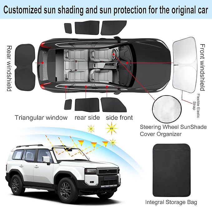 8PCS Windshield Sun Shade Custom Fit for 2024 2025 2026 Toyota Land Cruiser Prado 250 Accessories Foldable Sunshade Side Rear Window Shade Cover Full Set Privacy Protection Keeps Car Cool