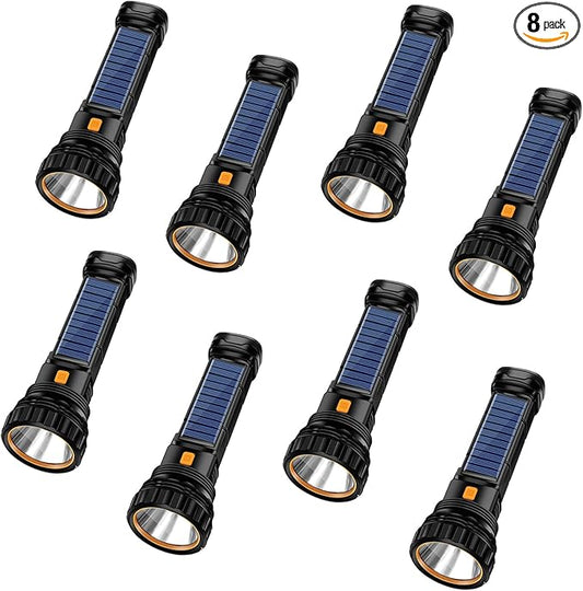 E-SHIDAI Solar/Rechargeable Multi Function 1000 Lumens LED Flashlight, with Emergency Strobe Light and 1200 Mah Battery, Emergency Power Supply and USB Charging Cable, Fast Charging (8PC)