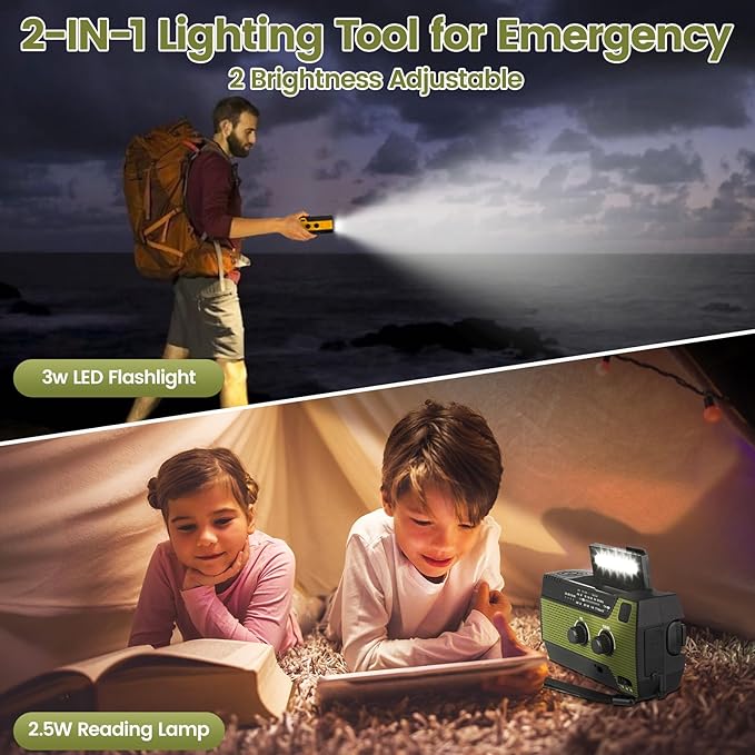 4000mAh/14800mWh Emergency Radio, Solar Hand Crank Emergency Radio - NOAA Weather Radio with AM/FM/NOAA Weather Alert, Reading Lamp, Flashlight, Cell Phone Charger and SOS Siren (Army Green)