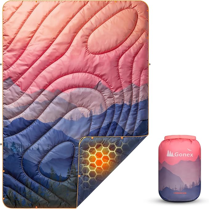 Gonex Camping Blanket with Aero-Warmth Breathable Layer - Puffy Printed Packable Blanket, Ultralight Wearable Water-Resistant Quilt, 79" X 55" for Camping, Beach, Hiking, Travel, Picnics(Sunset)