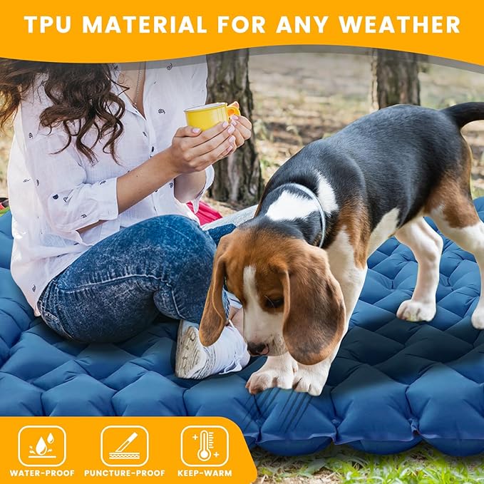Sleeping Pad for Camping 2 Person, Double Camping Pad with Built-in Foot Pump and Pillow, Inflatable 4in Extra-Thick Ultralight Air Mattress for Backpacking, Hiking, Travel, Tent, Car, Gift