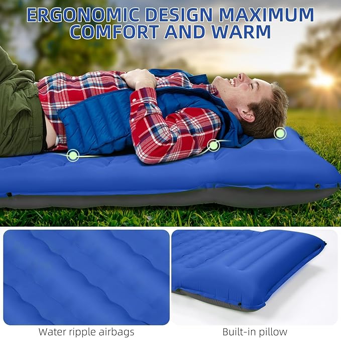 FNARMW Camping Sleeping Pad, Extra Thick 5 Inch Camping Mat with Pillow Built-in Foot Pump Inflatable Sleeping Pads Compact for Camping Backpacking Hiking Traveling Tent（Blue Grey）
