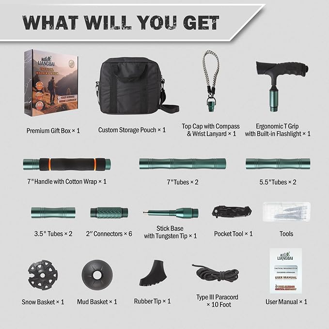 Tactical Walking Stick, Survival Hiking Stick Walking Staff, Lightweight Tactical Cane Gear, Aluminum Trekking Pole for Outdoor Adventures, Gifts for Outdoorsy Men