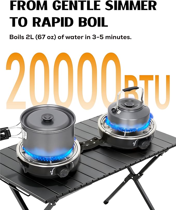 Propane 2-Burner Camping Stove with Windscreen, Portable& Foldable Camping Stoves with Carry Bag, 20000 BTU Camp Stove with Adjustable Burners& Piezo Ignition for Camping& Outdoor (Black)