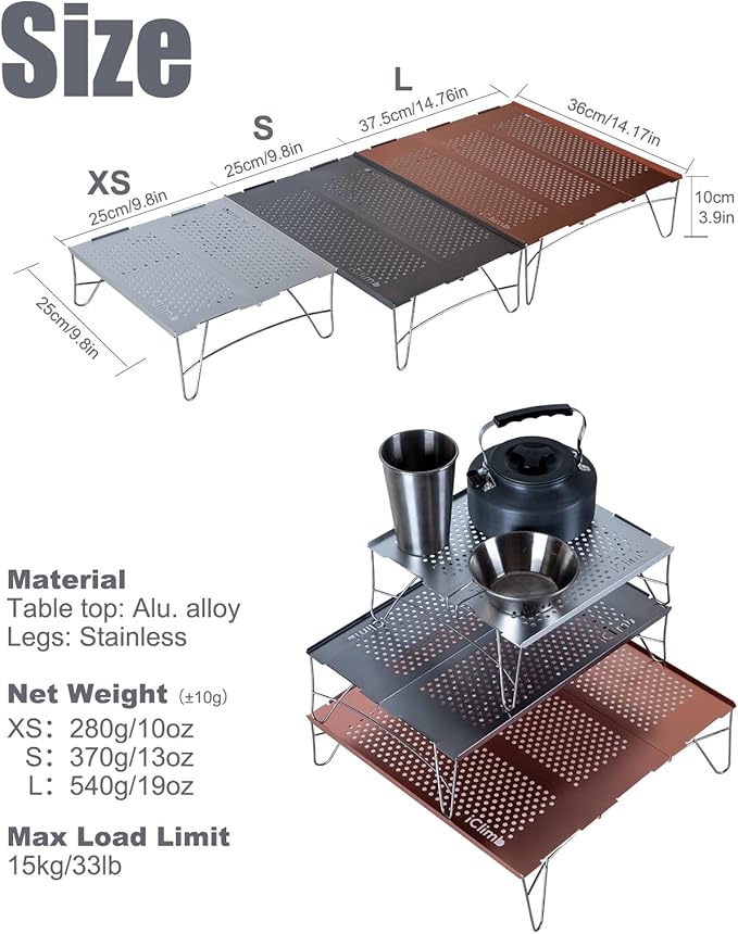 iClimb Mini Solo Folding Table Ultralight Compact for Backpacking Camping Hiking Beach Picnic (Gunmetal, L)
