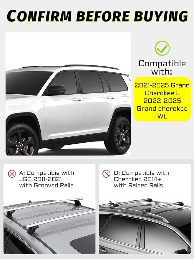 Roof Rack Cross Bars Compatible with Grand Cherokee L 2021-2025 and 2022-2025 Grand Cherokee WL with Anti-Theft Lock, Black Matte Aluminum Anti-Corrosion Crossbars