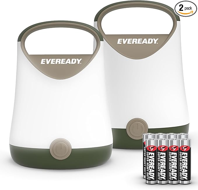 Eveready LED Camping Lantern X-250 (2-Pack), Super Bright Tent Lights, Rugged Water Resistant LED Lanterns, 100 Hour Run-time (Batteries Included), Green/Tan