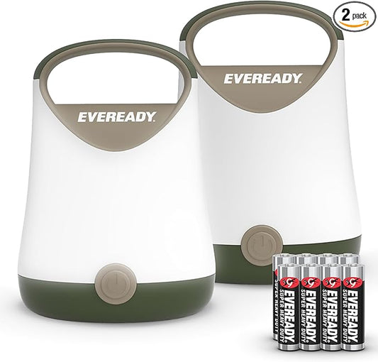 Eveready LED Camping Lantern X-250 (2-Pack), Super Bright Tent Lights, Rugged Water Resistant LED Lanterns, 100 Hour Run-time (Batteries Included), Green/Tan