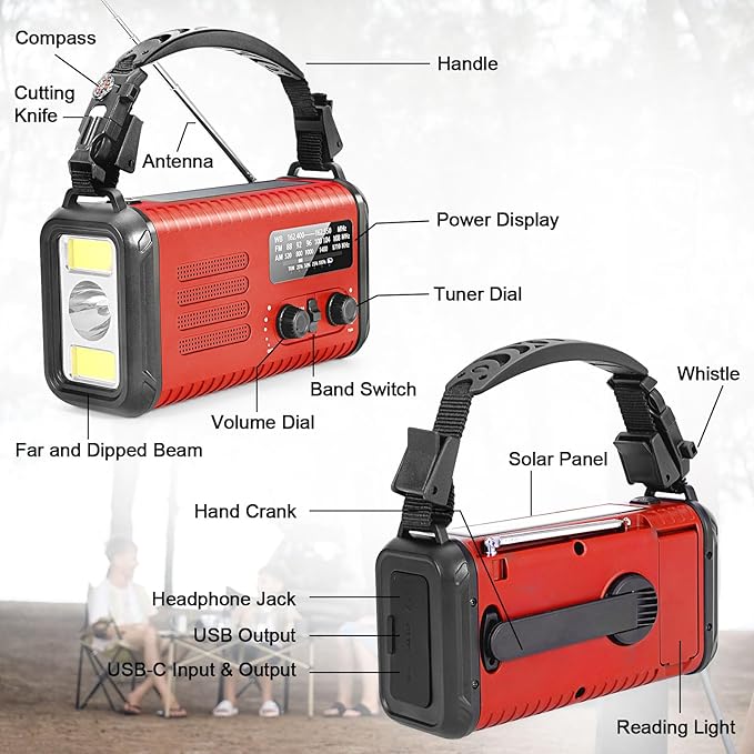 20000mAh Emergency Solar Radio with Hand Crank, NOAA Weather Radio & USB Charger - Portable Power Bank, LED Flashlight, SOS Alarm (red)