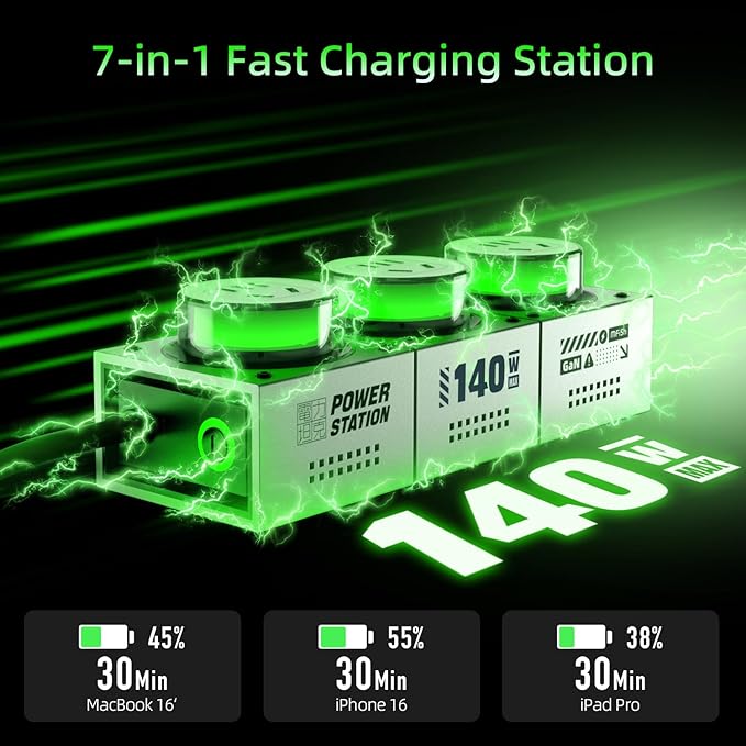Mfish E-Tank 140W GaN Desktop Charging Station, 7-in-1 Charging Hub with 3 AC Outlets & 4 USB-C Ports (Up to 140W PD 3.1), RGB Desk Power Hub for Gaming Setup, Creator Workstation & Home Office