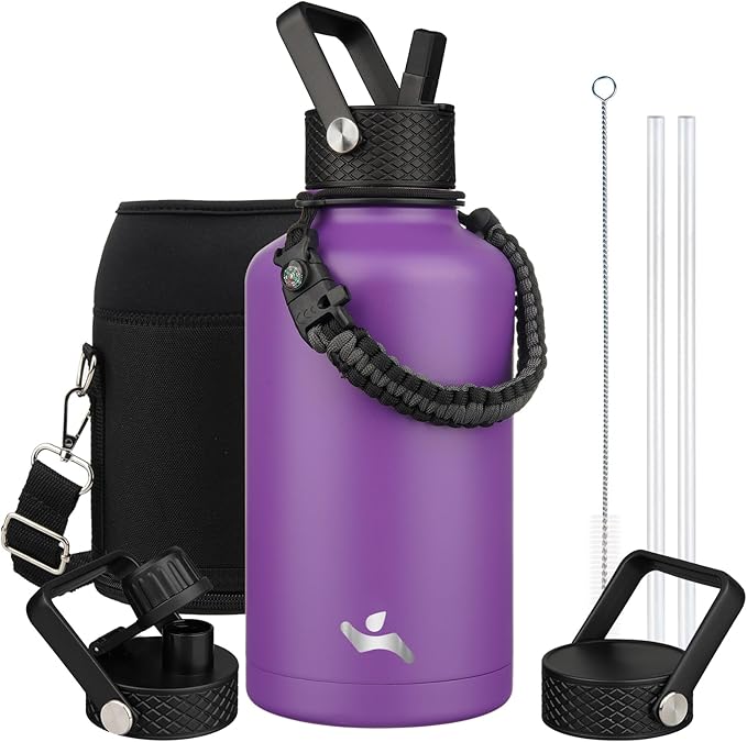 Konokyo Half Gallon Insulated Water Bottle with Straw,64 oz 3 Lids Water Jug with Carrying Bag,Paracord Handle,Double Wall Vacuum Stainless Steel Metal Flask,Purple