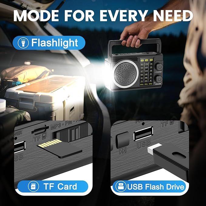 PRUNUS J-135 AM FM Radio Portable Bluetooth, Solar/AA Battery Operated/USB-C Rechargeable for Emergency, Transistor Radios with Flashlight,Support TF Card/USB Playing, Large Knob Easy to Use