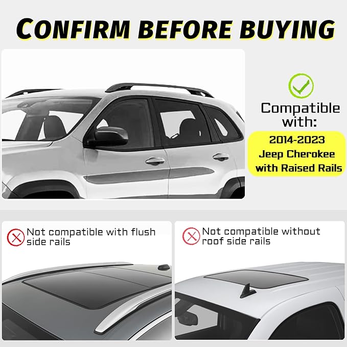 Car Roof Rack Cross Bars Compatible with 2014-2023 Jeep Cherokee (Fit for Raised Side Rails), Aluminum Lockable Roof Cross Bars for Kayak Bike Rooftop Cargo Carrier Bag Basket Luggage