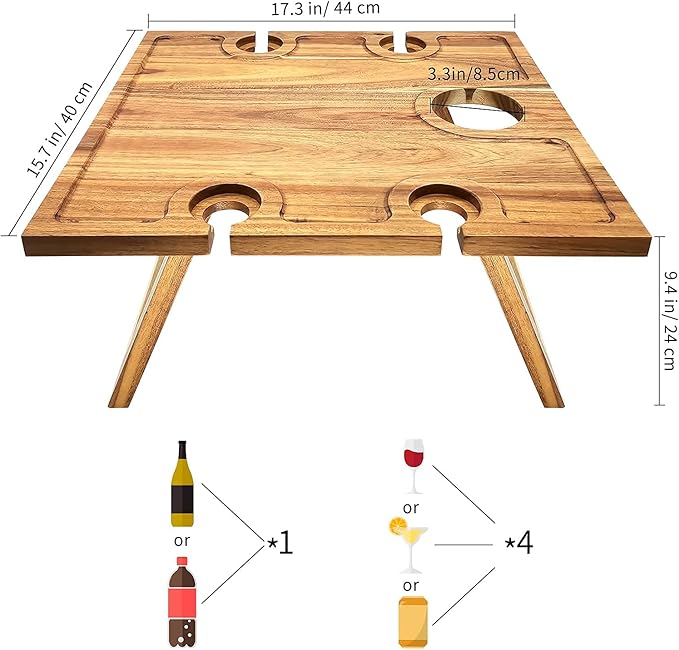 SASIDO Portable Wine Picnic Table, Acacia Wood, Larger Tray Foldable, Charcuterie Board, Wine Gift, Decor for Romantic Camping, Engagement Party, Concerts, Glamping, Winter Adventure