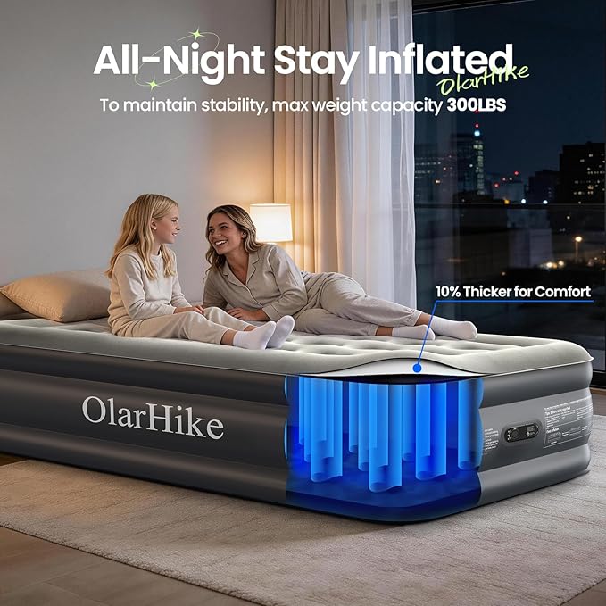 OlarHike Twin Air Mattress with Built-in Pump, 18" Raised Inflatable Bed for Home & Outdoor Use, 300lb Weight Capacity - Portable Blow-up Mattress for Guests, Camping, and Travel