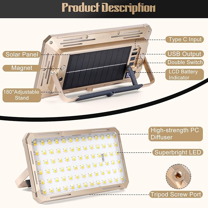 Solar Rechargeable Work Light with Power Bank & Battery Indicator, 178 LED Portable Flood Light with Magnetic Base, 4 Modes IP44 Waterproof Job Site Lamp for Camping, Fishing, Car Repair (Gold Body)