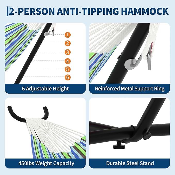 Double Hammocks with Stand for Outside, Portable Space Saving Heavy-Duty Steel Stand for Indoor Outdoor Patio with Carrying Bag, 450 lbs Capacity