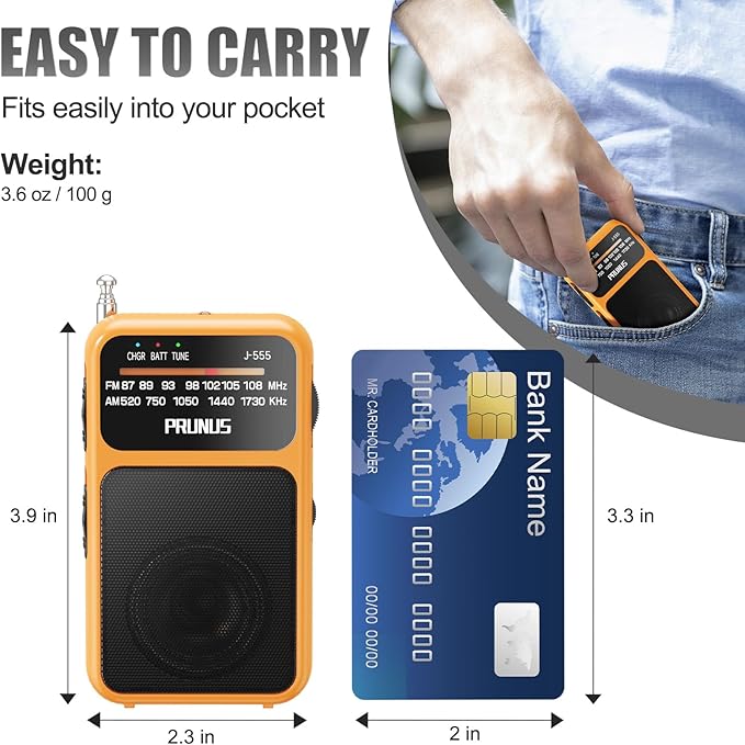 PRUNUS J-555 Pocket Radio AM FM USB-C Charging& Battery Operated, Excellent Reception& Clear Speaker and Headphone Jack, Back Clip, Flashlight, Transistor Radios, Portable Radio AM FM, Mini Radios