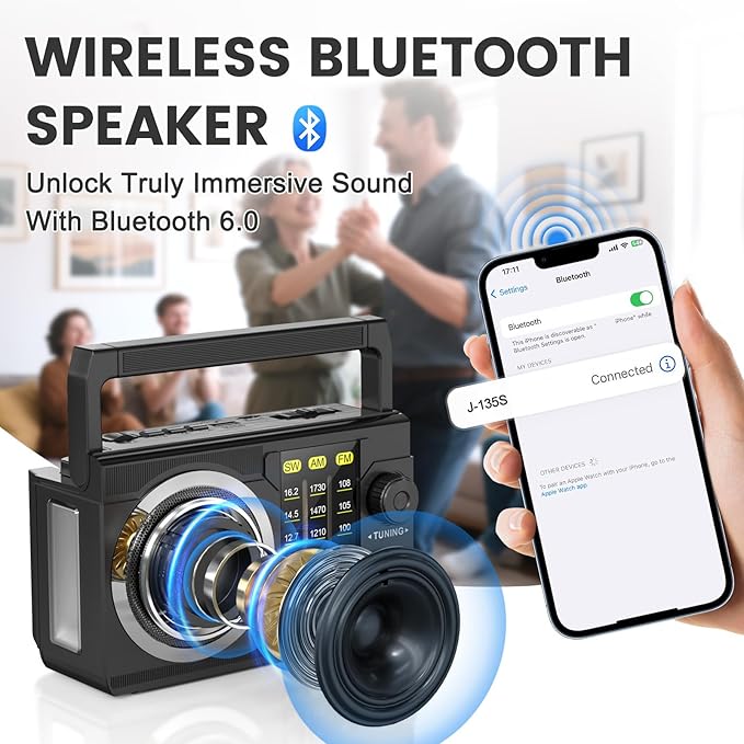 PRUNUS J-135 AM FM Radio Portable Bluetooth, Solar/AA Battery Operated/USB-C Rechargeable for Emergency, Transistor Radios with Flashlight,Support TF Card/USB Playing, Large Knob Easy to Use