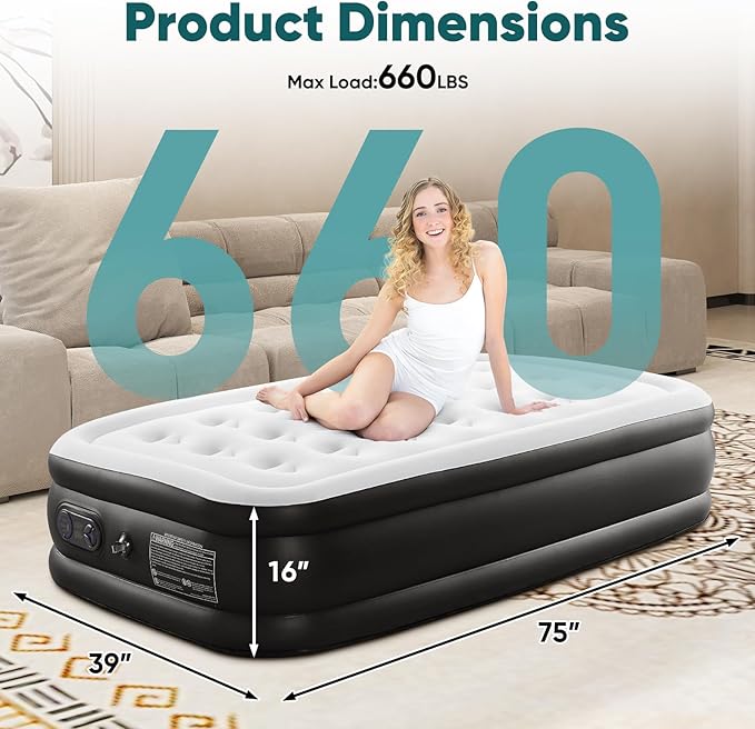 DUMOS Twin Air Mattress with Built-in High Capacity Pump- 18" Inflatable Blow Up Airbed, Double Height Air Bed for Home or Camping, Non-Slip Bottom Design, Weight Capacity 660 lbs
