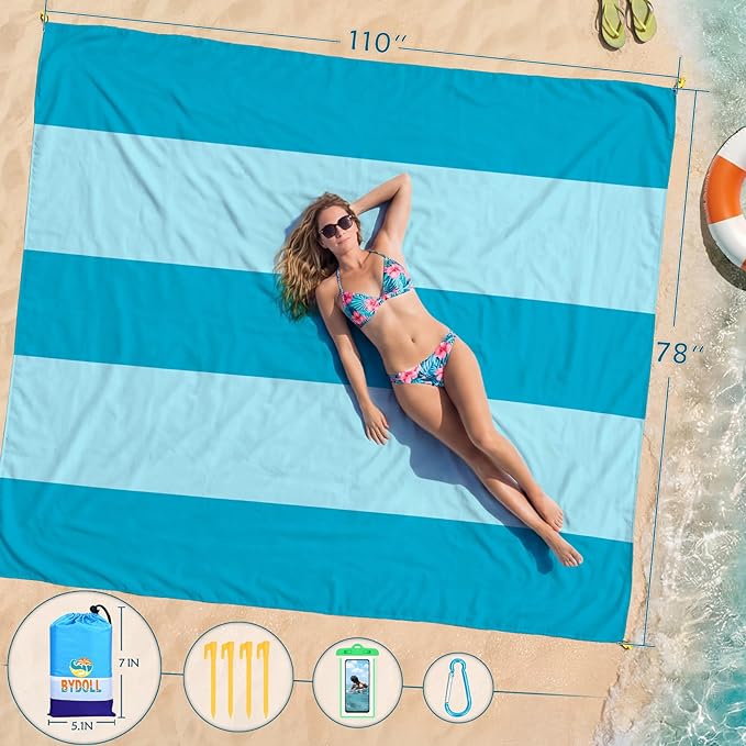 BYDOLL Beach Blanket Waterproof Sandproof 78''×110'' Suits1-7 Adults Compact Lightweight Oversized Sand-Free Blanket Large Picnic Mat for Beach Travel Camping Hiking