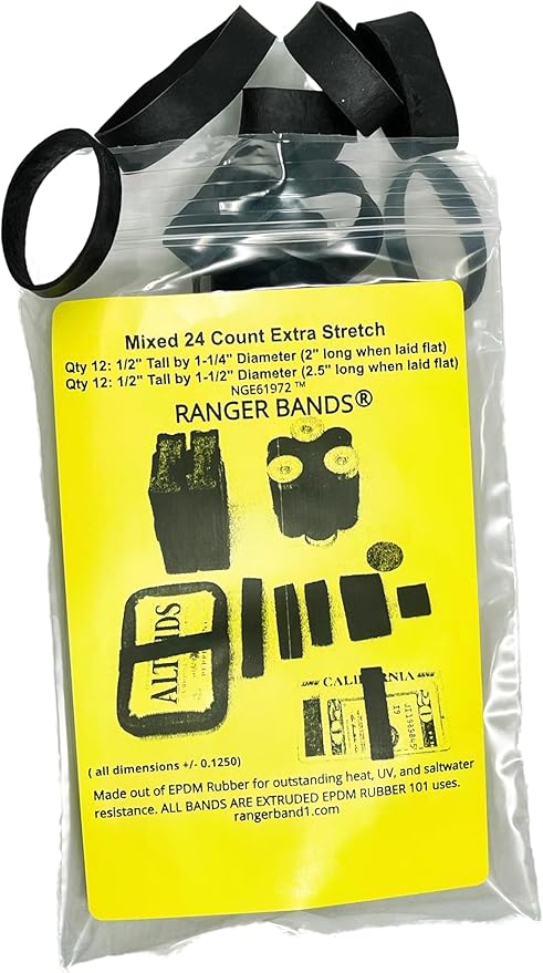 Ranger Bands® Mixed 24 Count Extra Stretch from EPDM Rubber for Survival, Emergency Tinder and Strapping Gear of Various Sizes Made in The USA Tactical Rubber Bands, Heavy Duty Rubber Bands Black.