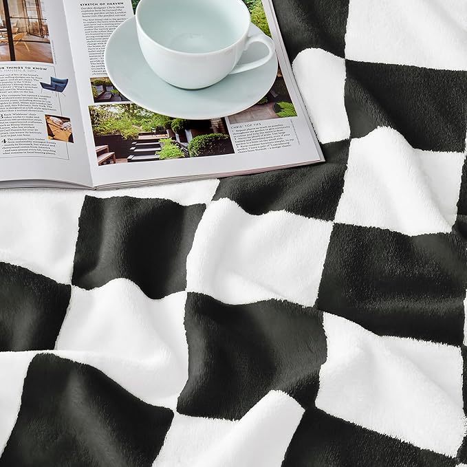 Edenleaf Black Checkered Blanket, Soft Cozy Fleece Checkered Throw Blankets for Bed Sofa Couch Camping, Ultra Fluffy Throws for All Seasons, 50x60 Inch, Black