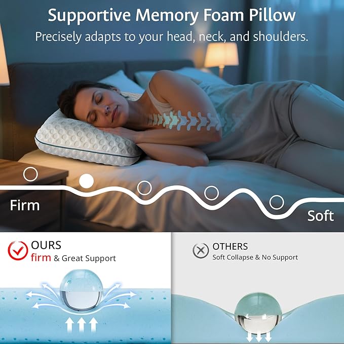 Cooling Gel Memory Foam Pillows for Sleeping Standard Size, Bamboo Rayon Bed Pillow for Back Side Sleeper, Medium Firm Contoured Support for Neck Shoulder Pain Relief, Washable Breathable Dorm Twin XL
