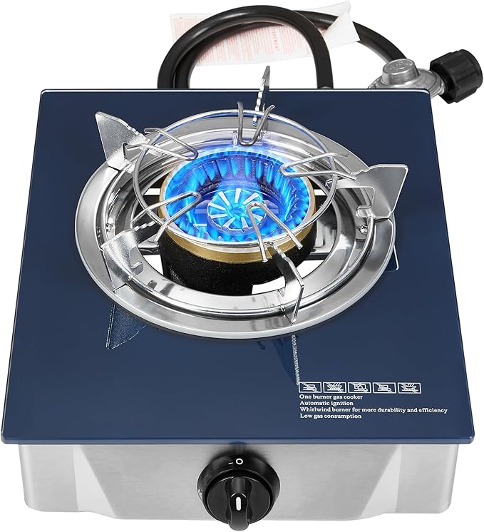 Dr.Camp Propane Gas Stove 12000 BTU Single Burner Glass Top Outdoor Camping Stove with CSA Listed Regulator and Gas Hose