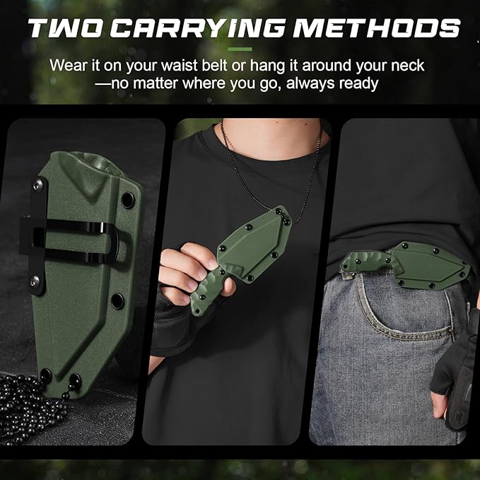 Neck Knife with Sheath and Necklace X-TAN-K, Full Tang Tanto Knife with 5Cr14MoV Steel Blade and Green ABS Handle, Horizontal Carry Knives