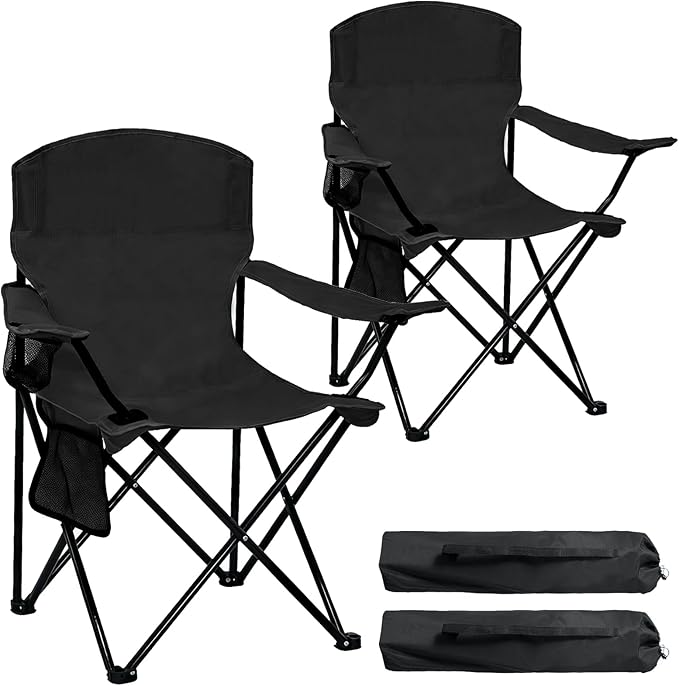 2 Pack Folding Camping Chair with Cup Holder & Side Storage Bag 300lbs Capacity Lightweight High Back Portable for Beach, Picnic, Sport, Black