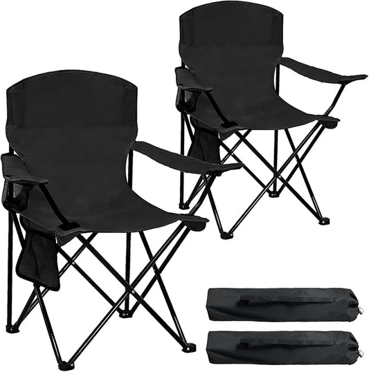 2 Pack Folding Camping Chair with Cup Holder & Side Storage Bag 300lbs Capacity Lightweight High Back Portable for Beach, Picnic, Sport, Black