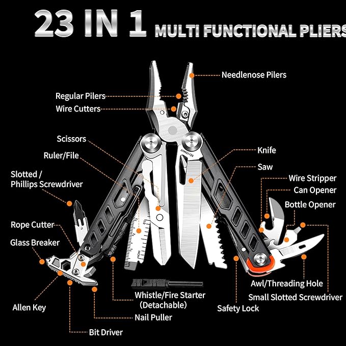 23-in-1 Multitool Pliers with Scissors,Wire Cutters,Window Breaker,Flint,Saw Screwdrivers,Bottle Opener,Carrying Pouch,High-carbon Steel Multi Tool for Camping Survival and Gift (Black And Silver)