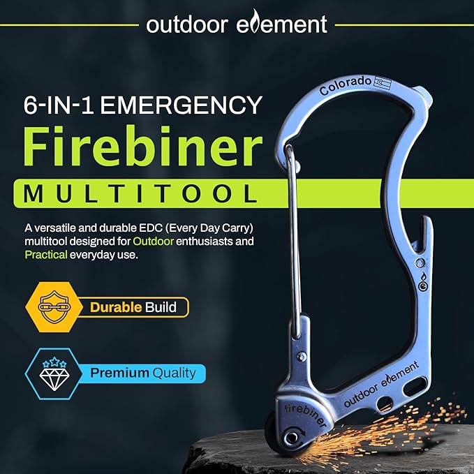 OUTDOOR ELEMENT Firebiner Custom Engraved 6-in-1 Fire Starter Carabiner Multitool – Survival Gear EDC Keychain with Utility Blade, Bottle Opener, Screwdriver, Emergency Tool