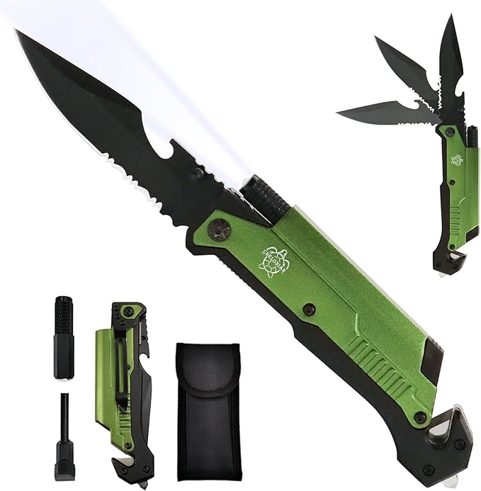 Valentine‘s & Birthday Gift for Men- Green All-in-One Survival Pocket Folding Knife with Fire Starter & Flashlight for Him, Husband, Boyfriend, Father - Multi-Tool for Camping & Emergency