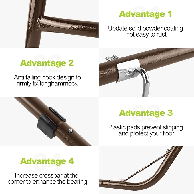 Duble Heavy Duty Steel Hammock Stand Only, 550 Pound Capacity, Portable, Easy Assembly, Adjustable for Indoor, Yard, Caping, or Outdoor, Patio(Brown)