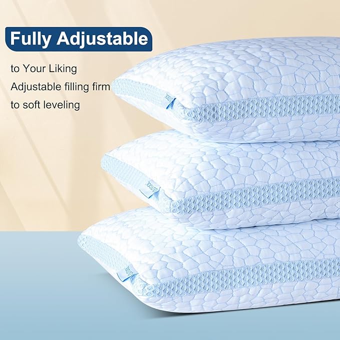 QUTOOL Enhanced Cooling Pillows for Sleeping, CertiPUR-US Shredded Memory Foam Pillows Queen Size Set of 1 for Hot Sleeper, Adjustable Bed Pillow for Side, Back, Stomach Sleepers Support Yet Soft Blue